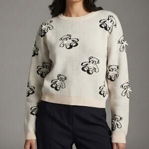 Forever 21 Teddy Bear Bow Intarsia Knit Sweater Cream Black Size Large